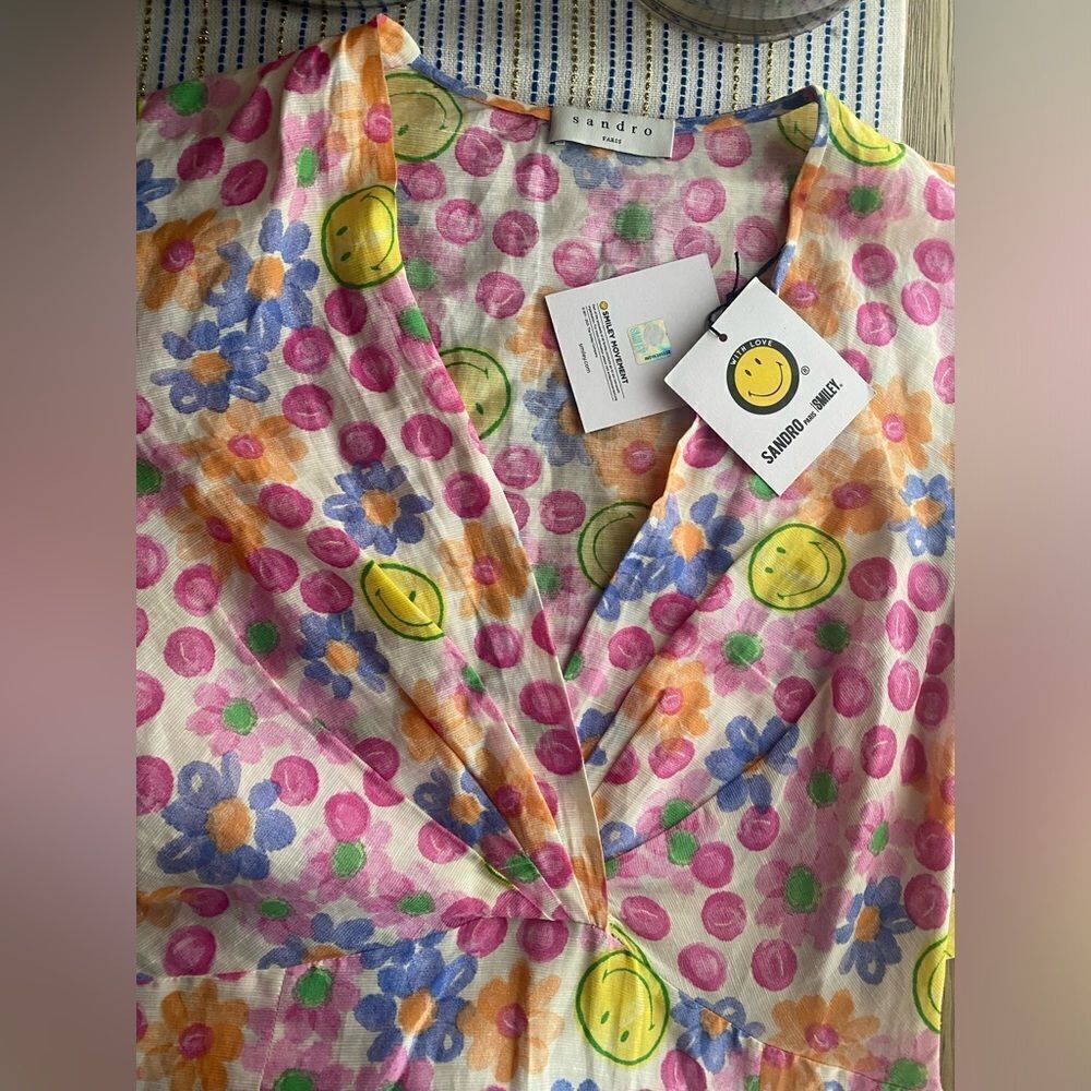Sandro París Smiley Mini Dress Multicolored Short Sleeve Sz 34 US XS NWT - Picture 12 of 16